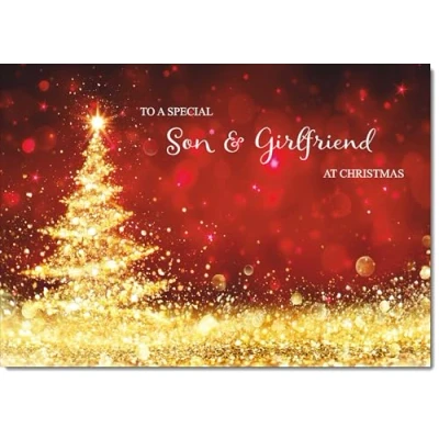 Image of doodlecards Son &amp; Girlfriend Christmas Card Gold Abstract ChristmasTree Medium Size with Plain Envelope