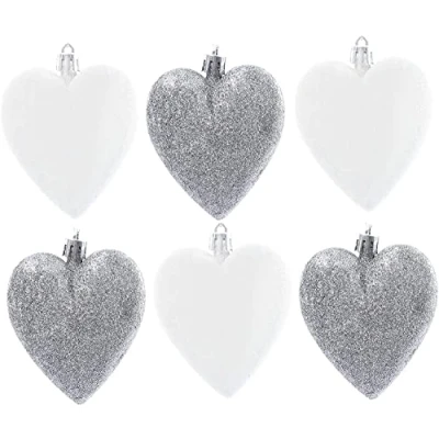 Image of UKDeals Direct® 6 Heart Baubles Great Christmas Tree Decorations, Glitter (Silver &amp; White Glitter)