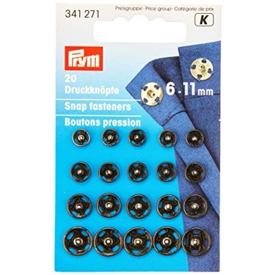 Image of Prym 6 11 mm Sew On Snap Fasteners, Pack of 20, Black