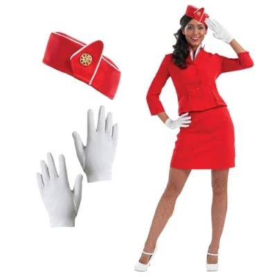 Image of Fun Shack Red Air Hostess Costume Women, Flight Attendant Sterwardess Adult, Airhostesses Medium
