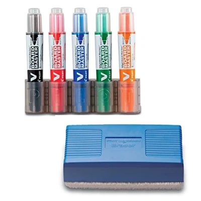 Image of Pilot V Board Master Whiteboard Kit Markers Pens Magnetic Eraser Pen Holder,Black Blue Red Green Orange