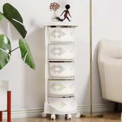 Image of loyliawa Vegetable Storage Rack, 5 Tier Kitchen Rotating Large Rack with 360 Degree Wheels, Circular Trolley for Kitchen, Living Room, Bathroom, Laundry White