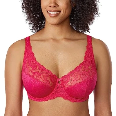 Image of Delimira Women&#039;s Beauty Lace Non Padded Minimiser Full Figure Underwire Bra Bright Rose 34D