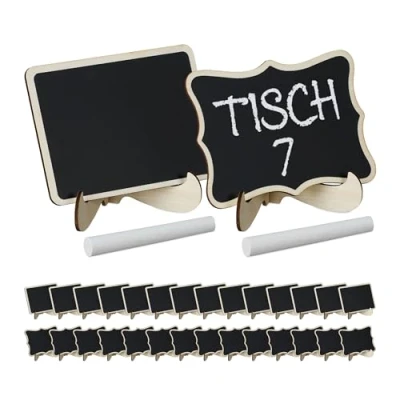 Image of Relaxdays Set of 30 Mini Chalkboard Signs, Buffet Boards for Labelling, Wood, with 2X Chalks, Price Tags, Natural/Black, 8 x 10 5 cm