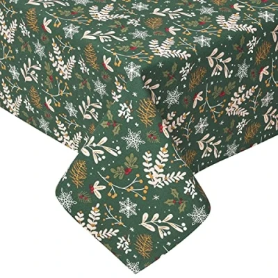 Image of HOMESCAPES Green Christmas Tablecloth 100% Cotton 4 8 Seater Round Table Cloth 178 cm Festive Forest Floral Xmas Pattern