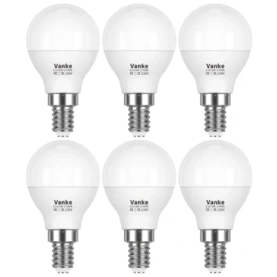 Image of Vanke E14 LED Light Bulb, Small Edison Screw in Golf Ball Bulbs, 6W (Equivalent to 40W), Warm White 2700K, 470 Lumen, Pack of 6, Non Dimmable