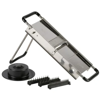 Image of Tellier Chef&#039;s Mandolin Slicer with Safety Feet and Four Cutting Blades, Made in France, Stainless Steel, Silver, 16 1/2 Inch