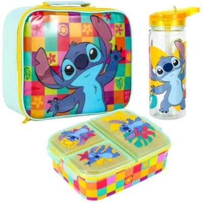 Image of Zawadi Global Stitch Kids Childrens Lunch Box Set Insulated Bag, Multicompartment &amp; 580ml Water Bottle School Travel Food Set, BPA Free