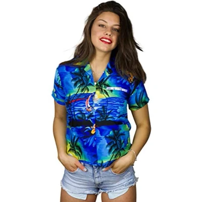 Image of King Kameha Funky Hawaiian Blouse Shirt, Shortsleeve, Print Surf, Blue, XXL