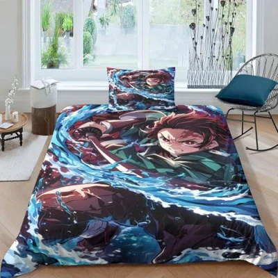 Image of GDEKCIEAS Anime 3D Demon Slayer Teens Bedding Set,2 Pieces Ultra Soft Duvet Cover with Zipper,Lightweight Comforter And Quilt for Adults Single（135x200cm）