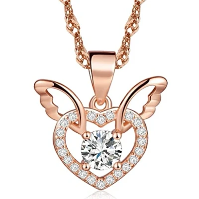 Image of Infinite U Fashion Rose Gold Angel Wings Heart 925 Sterling Silver Cubic Zirconia Pendant Women Necklace with 45cm 18&quot; Chain