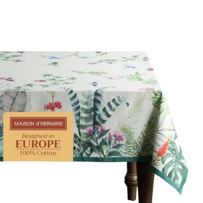 Image of Maison d&#039; Hermine Tablecloth 100% Cotton Table Cover Decorative Washable Square Easter Tablecloths for Kitchen, Dining, Buffet Parties &amp; Camping, Tropiques Spring/Summer (140cm x 180cm)