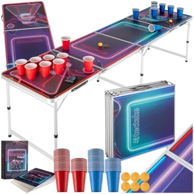 Image of TecTake® Beer Pong Table with Adjustable Height &amp; Foldable Aluminium Frame, Sturdy Game Colour Print LED Lights, Full Set Incl. 100 Cups, 6 Ping Balls Card Drinking
