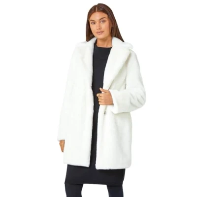 Image of Roman Originals Women Faux Fur Coat Ladies Jackets Teddy Bear Plush Casual Soft Fluffy Textured Oversized Warm Cosy Autumn Winter Flattering Ivory Size 18