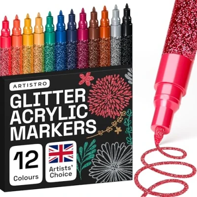 Image of ARTISTRO Glitter Paint Pens for Rock Painting, Stone, Ceramic, Glass, Wood, Fabric, Scrapbooking, DIY Craft Making, Art Supplies, Card Coloring, 12 Acrylic Markers Extra Fine Tip 0.7mm