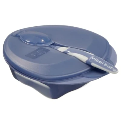 Image of Vital Baby Nourish Weaning Bowl with Lid &amp; Spoon 6m+, Deep Purple, Food Mashing Zones, Soft Tip, EarthSmart Biodegradable, BPA Free Hygienic Cover