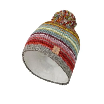 Image of Pachamama Women Wool Beanie Bobble Hat Fleece Lined Handknitted Stripe Red Multicoloured One Size Handmade Extra Warm Fair Trade