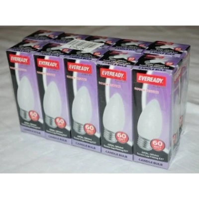 Image of Eveready 60 Watt Candle ES E27 Edison Screw Cap OPAL (WHITE) FINISH 2,000 HOUR DOUBLE LIFE Pack of 10