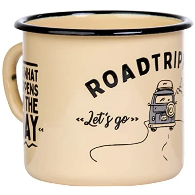 Image of MUGSY I Enamel Mug Roadtripping with Camping Bus Motif and Saying 330 ml, Mug, Equipment (Yellow)