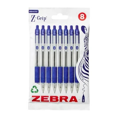 Image of Zebra Pen Z Grip Blue Ballpoint Pens with Pocket Clip 8pk, Retractable Ink Pens, Reliable Biro Multipack for Everyday Use, New Pack Size 8pk
