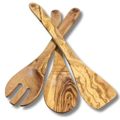 Image of Handcrafted Olive Wood Kitchen Utensil Set of 3, 30 cm Cooking Spatula, Spoon, Slotted Turner