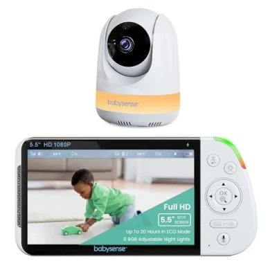 Image of Babysense 5.5 1080p Full HD Split Screen Baby Monitor, Video Monitor with Camera and Audio, PTZ Camera, RGB Night Light, 300m Range, Two Way 4x Zoom, 5000mAh Battery