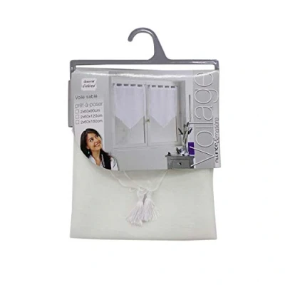 Image of Douceur d&#039;Interieur 2 NET CURTAIN POMPON 45/120 VOILE SABLE LISSEA BLANC, Polyester, 45L X 120H cm (1 Panneaux)