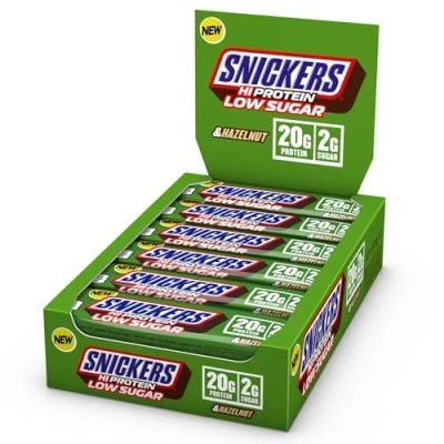 Image of Snickers High Protein, Low Sugar Bars, Only 2g of per bar Hazelnut and Milk Chocolate, 12 x 57g Box, 20g Protein