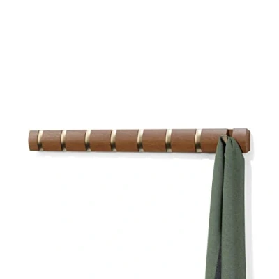 Image of Umbra Flip 8 Hook Wall Mounted Coat Rack, Modern, Sleek, Space Saving Hanger with Retractable Hooks to Hang Coats, Scarfs, Purses and More, Light Walnut/Warm Gold