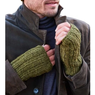 Image of Pachamama Men Wool Hand Wrist Warmers Fleece Lined Handknitted Ribbed Plain One Size Handmade Thumbslot Thermal Extra Warm Fair Trade (Wool, Moss)