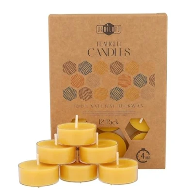 Image of 100% Beeswax Candles Tealight with Cotton Wicks 4 Hour Burn Time 12 Piece Candle Set Votive Recycled Plastic Pure by Danilovo