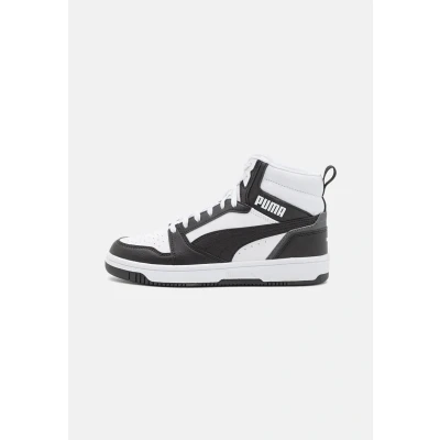 Image of Puma Rebound V6 MID JR Unisex Hightop trainers for kids, Size: 5.5, White/black/shadow gray High quality imitation leather