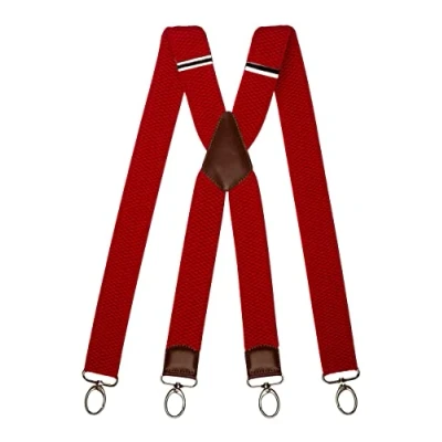 Image of Olata Heavy Duty X Shape Wide Braces/Suspenders with Brown Leather and Carabiner Clips 4cm. Red