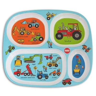 Image of Tyrrell Katz Toddler Divider Plate in Blue with 4 Sections and Trucks Design Dishwasher Safe Melamine Kids Compartment Tray 24 x 21 2 cm