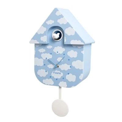 Image of Fisura Blue cuckoo clock with cloud pattern. wall clock. Original for gift. 3 AA batteries not included. Dimensions: 8.5x3.1x16.3 inches. ABS plastic.