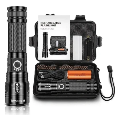 Image of LUXNOVAQ 200000 Lumens Rechargeable LED Torch,XHP70 Torches Super Bright,Powerful Flashlight,Tactical Handheld Flashlights with 5 Modes,Waterproof Adjustable Camping Torch for Hiking,Emergency