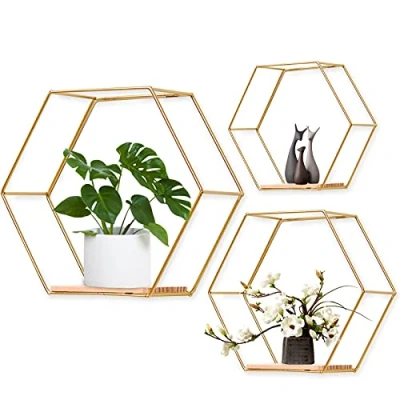 Image of LMYDIDO Set of 3 Hexagon Wall Shelves, Hanging Metal and Wood Floating Storage Organiser for Kitchen Shelf, Bathroom, Bedroom, Decoration (Gold)