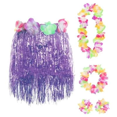 Image of HAWAIIAN SET FANCY DRESS COSTUME KIT COLOURED 40CM SHORT HULA SKIRT + FLOWER LEI NECKLACE PAIR OF BRACELETS HEADBAND 5 PIECE HAWAII GRASS LUAU (PURPLE)