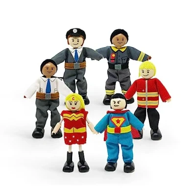 Image of Stokke MuTable Heroes Set by Hape Toys Six Playhouse Characters Including Fireman, Policeman, Engineer, Guard &amp; Two Superheroes Made of Wood Cotton For Ages 3+
