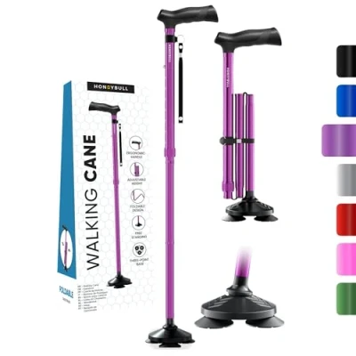 Image of HONEYBULL Walking Stick for Men &amp; Women Foldable, Adjustable, Collapsible, Free Standing Cane, Pivot Tip, Heavy Duty, with Travel Bag Folding Canes Seniors Adults (Purple)