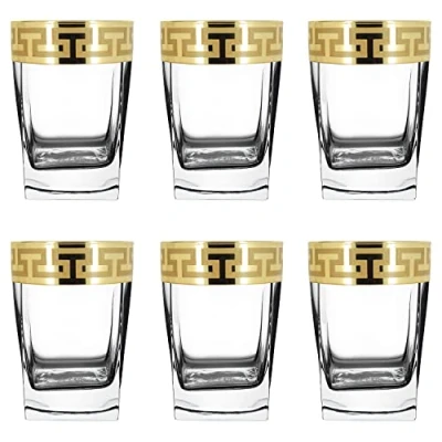 Image of Roman Deluxe Shot Glasses Set of 6 with Unique Unusual Gold Rim Decor/Fancy Vodka Shots/Pretty Tequila Glasses/Heavy Base 80ml Gift for Women or Men (Gold Greek Decor)