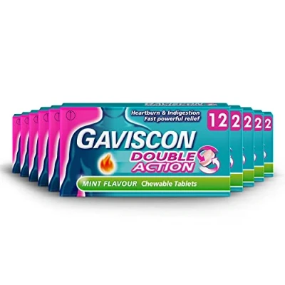 Image of Gaviscon Double Action Tablets, Mint Chewable, 10 X 12 120 Pack, Indigestion Heartburn Antacids Acid Reflux Anti Long Lasting