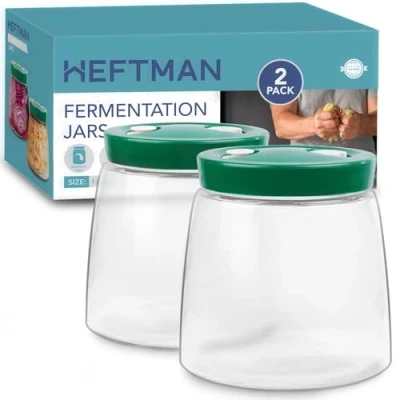 Image of HEFTMAN Fermenting Jar with 1 Way Air Release Vent Litre, 2 Pack Ideal for Safe Fermentation Kefir, Kimchi, Sauerkraut, Sourdough Starter, Overnight Oats Jars x (Green)