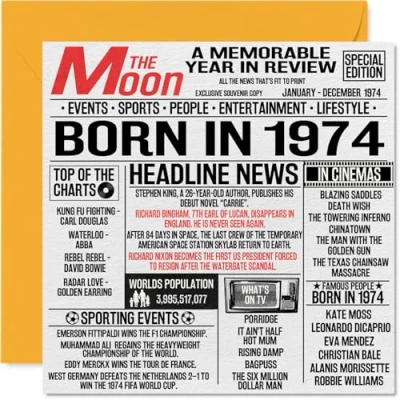 Image of 50th Birthday Cards for Men Women Born In 1974 Newspaper Happy 50 Card Mum Dad Uncle Aunt Vintage Retro Back 1974, 145mm x Fifty Fiftieth Bday Greeting