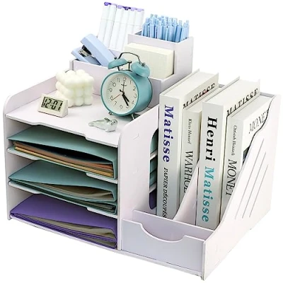 Image of 7 Compartment Letter Tray With Magazine Rack, Wooden Filing for Office Desk, Desk Organiser Pen Holder, Paper Folder Wood, File Document Holder Home School