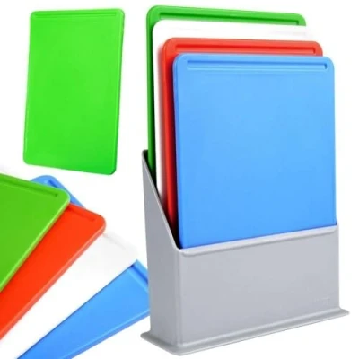 Image of Set of 4 Ergonomic Plastic Chopping Boards Multi Colour Coded Meat Fruit Small Cutting Mats Stand Each Board Has a Different Color Comfortable Comes with Stable Silver