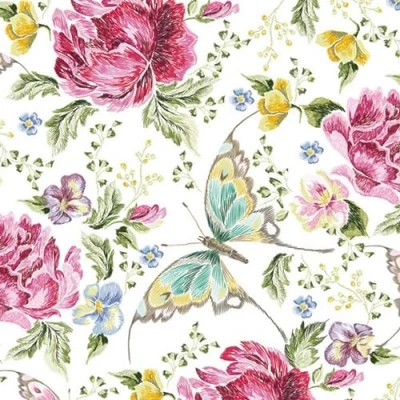 Image of 20 Napkins Flowers, Garden &amp; Nature Butterfly on Pink Flowers as Table Decoration Paper with Motif Also for Decoupage and 33 x cm