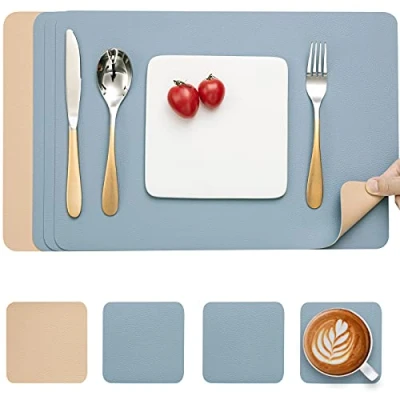 Image of Myir JUN Leather Table Mats and Coasters, Dual Sided Placemats Coasters Waterproof Set of 4 Place Non Slip Washable (Beige Light blue, 4)