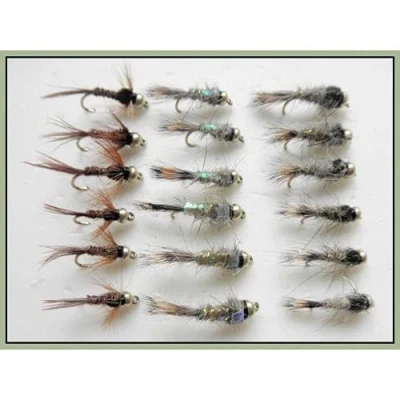 Image of Trout Flies, Goldhead Nymph, 18 Pack Gold Head Hares Ear &amp; Pheasant Tails, 10/12