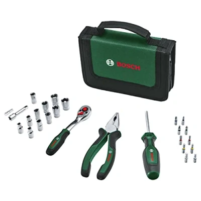 Image of Bosch Home and Garden Mobility Hand Tool Set 26 Piece (Compact Portable Kit for DIY Tasks; Optimal Choice on The Road; 1/4 Ratchet; Combination Pliers; Universal Screwdriver; in Fabric Bag)